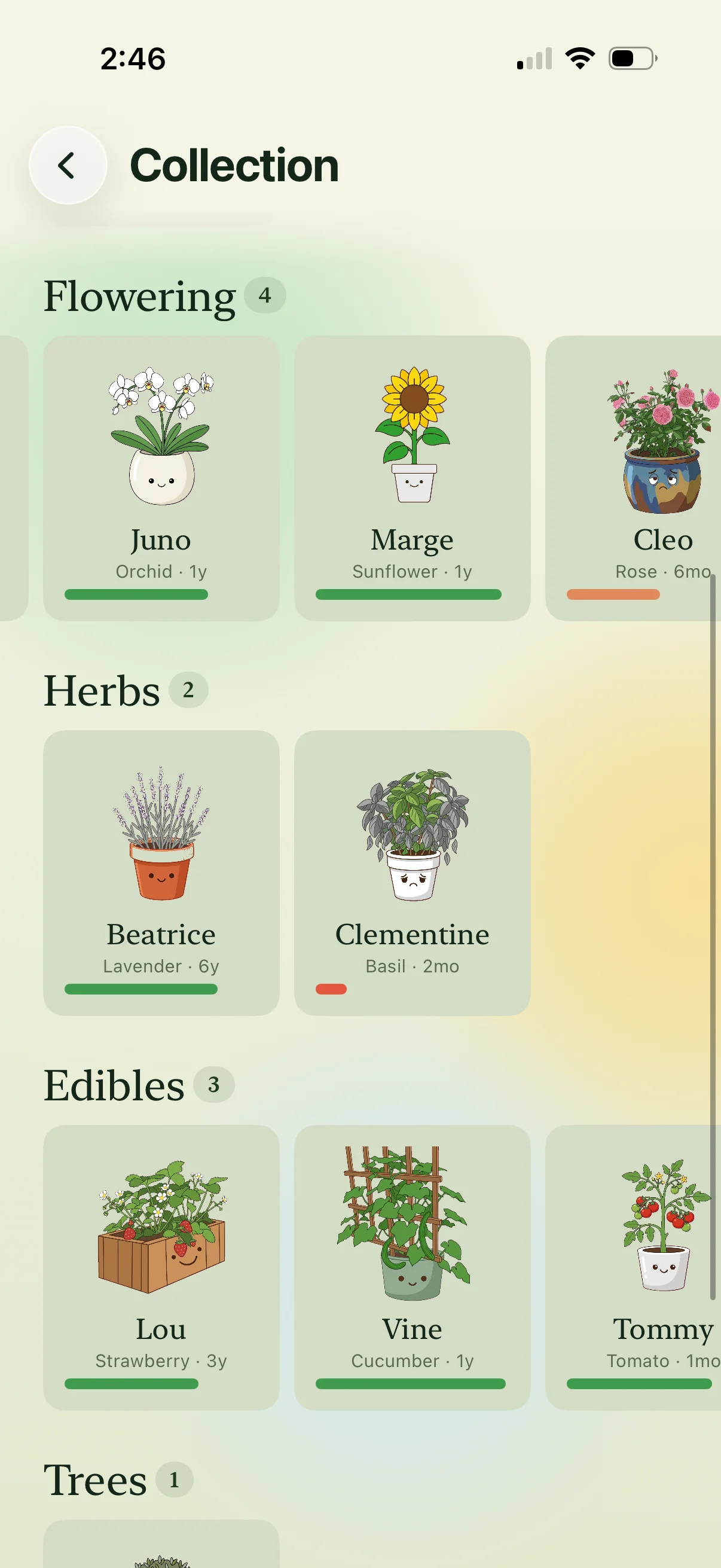 Herbie collection screen filled with illustrated plant characters