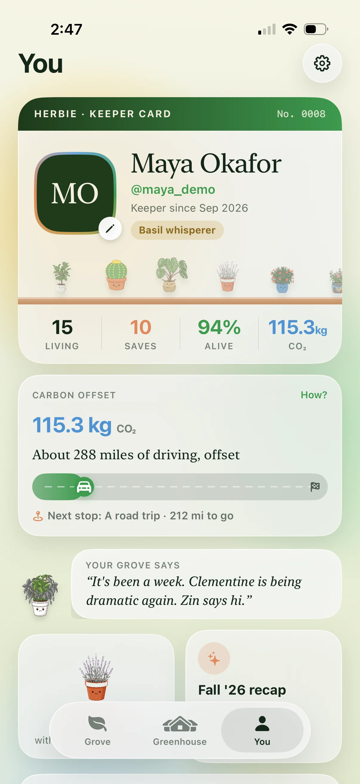 Herbie keeper profile with plant-care impact statistics