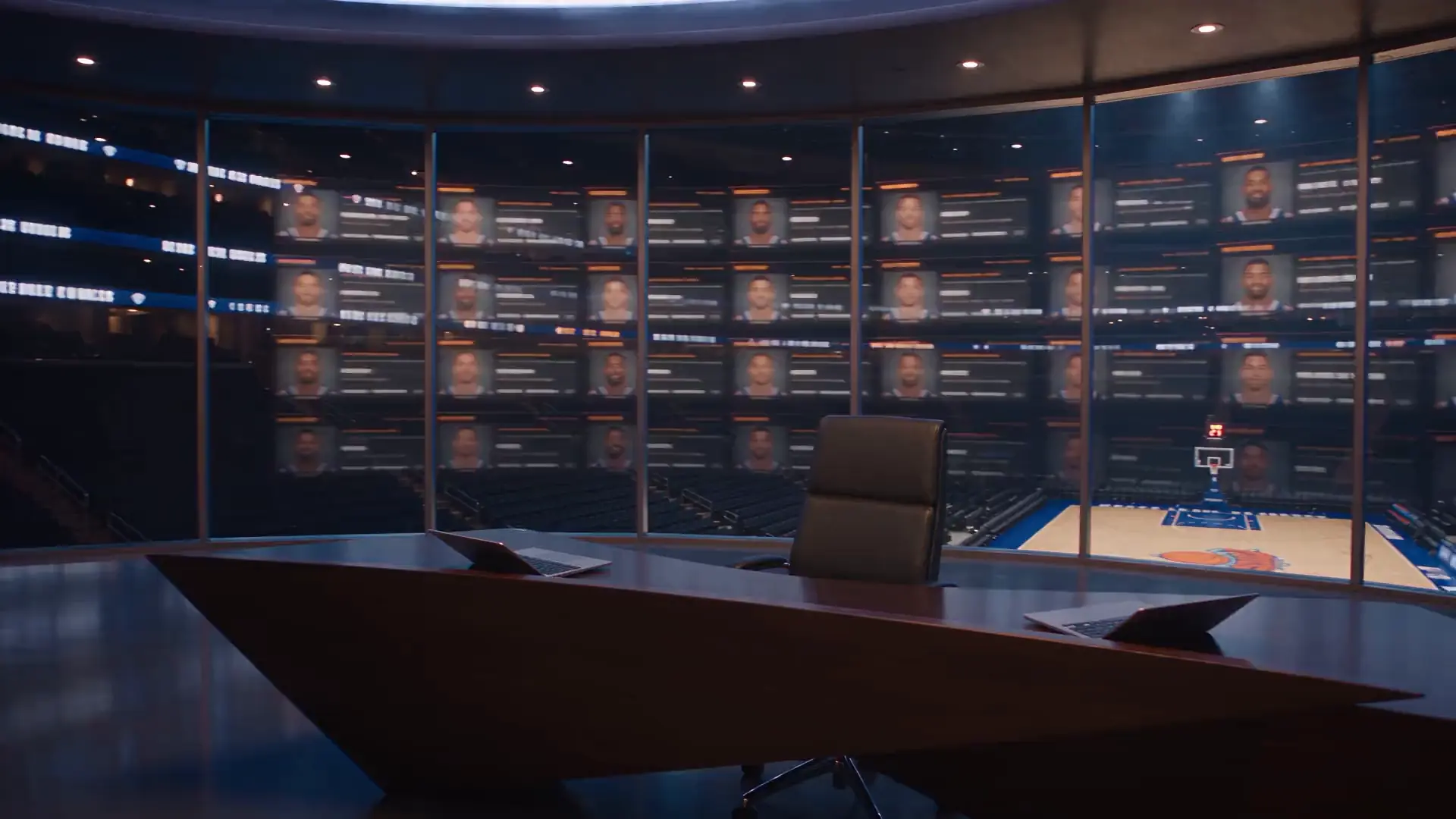 Run the Franchise executive command room overlooking a basketball arena