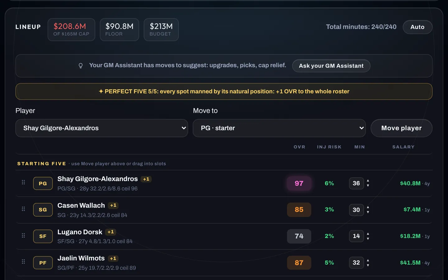 Run the Franchise roster and lineup management interface